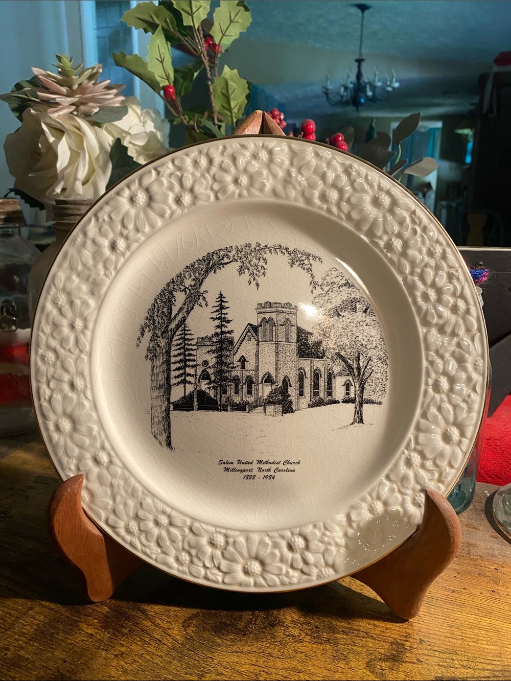 Ivory Embossed Ceramic Church Motif Dinner Plate